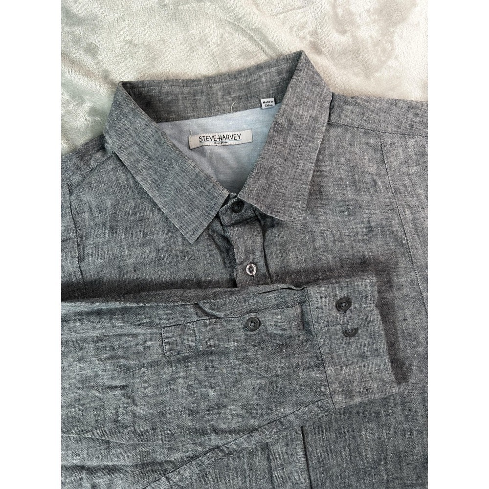 Steve Harvey Shirt Mens 3XLT Gray Linen Cotton Long Sleeve Big Tall Button Front